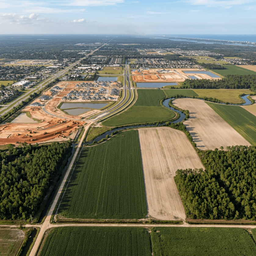 Aerial view of suburban housing construction with adjacent farmland and waterways